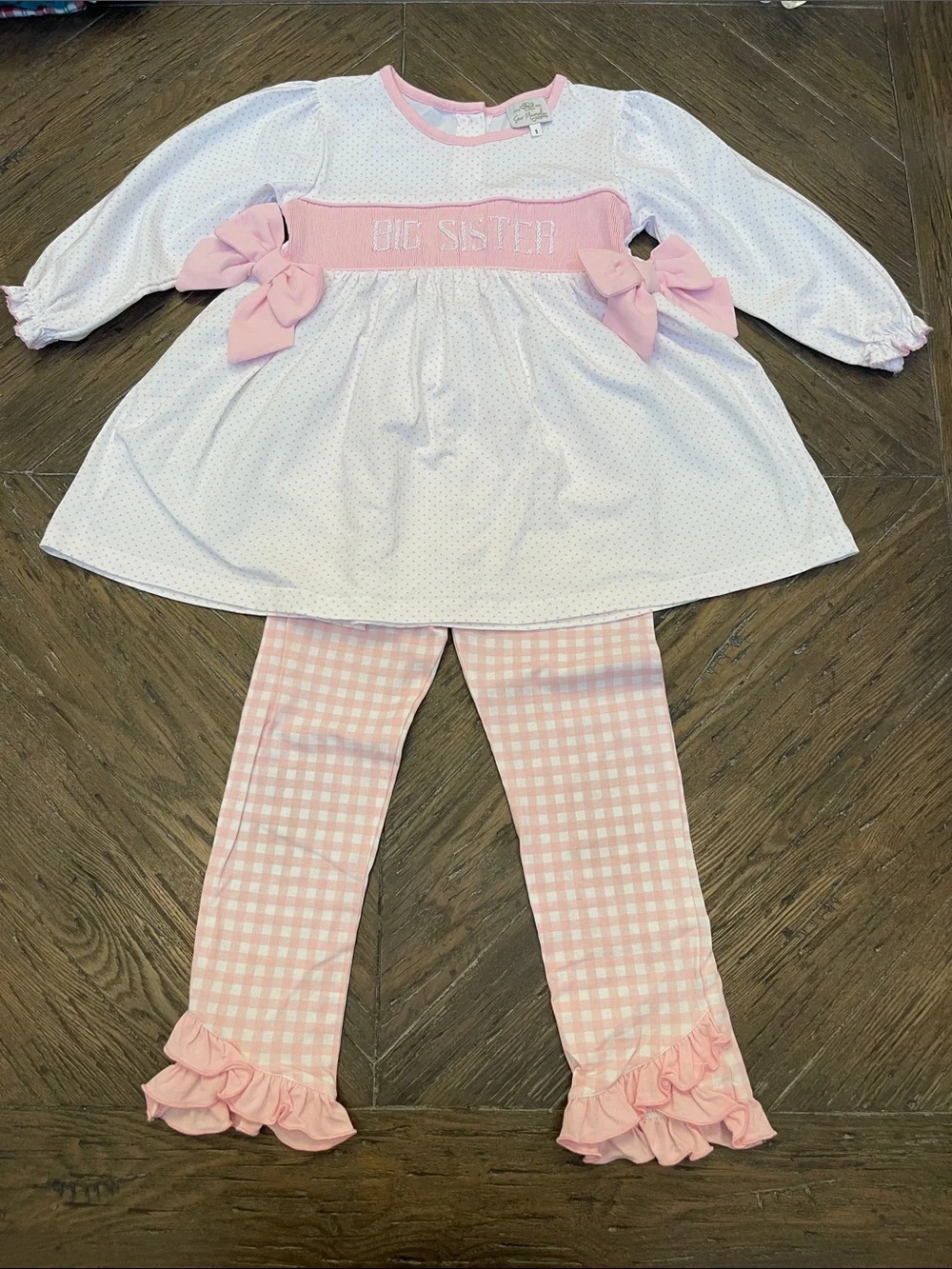 Sew Magnolia Smocks Big Sister Pink Bow Two-Piece Kids Pant Set